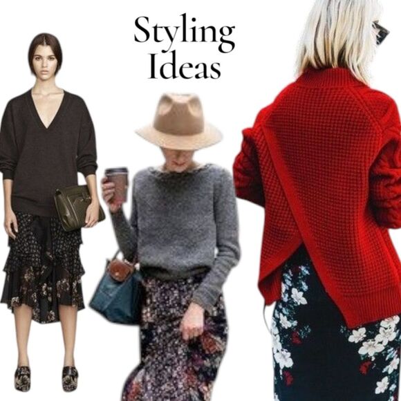 Daisy Two Tone  Black Floral  💯 Wool Knee Length Skirt S - Picture 10 of 16